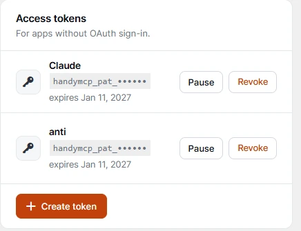 Creating a HandyMCP access token for Cursor, VS Code and other MCP apps