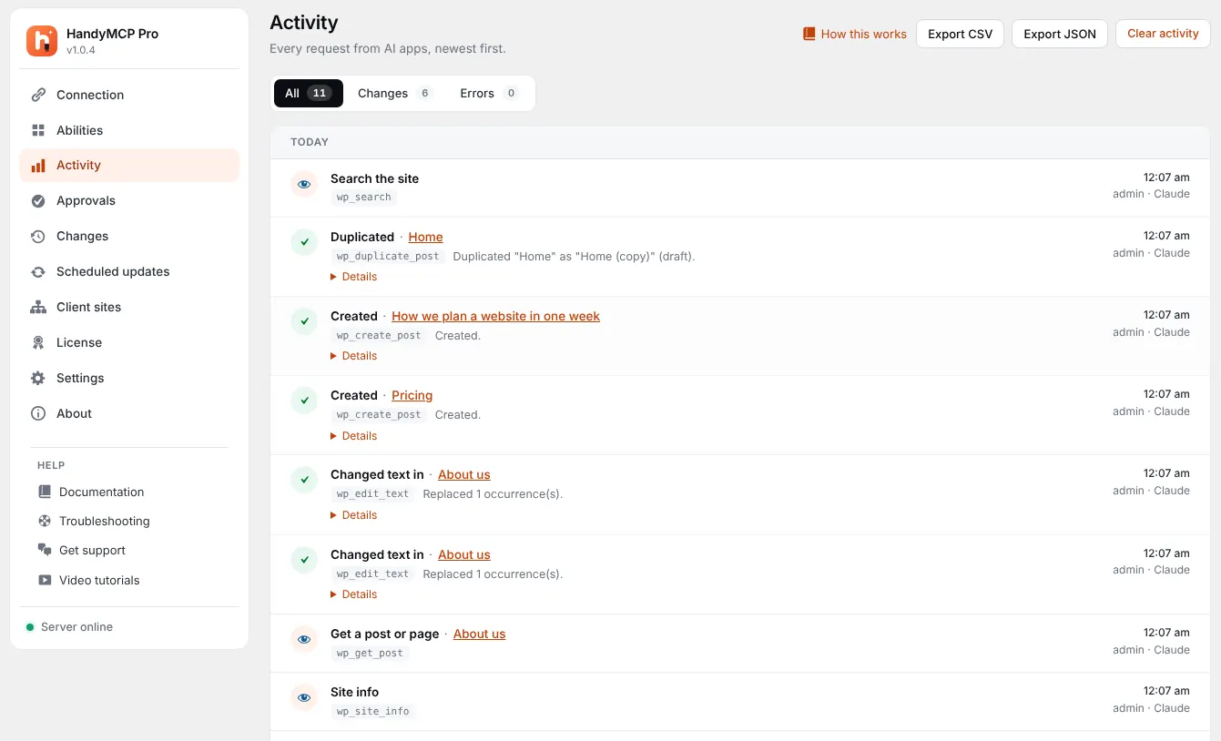 HandyMCP activity log showing AI SEO title and meta description updates in WordPress