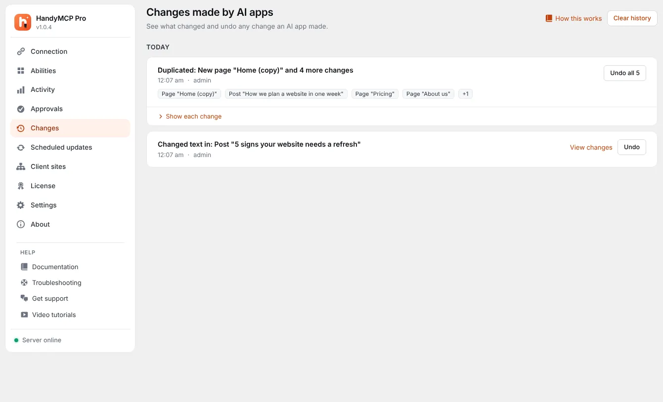 HandyMCP Changes screen with AI changes grouped by task and undo buttons