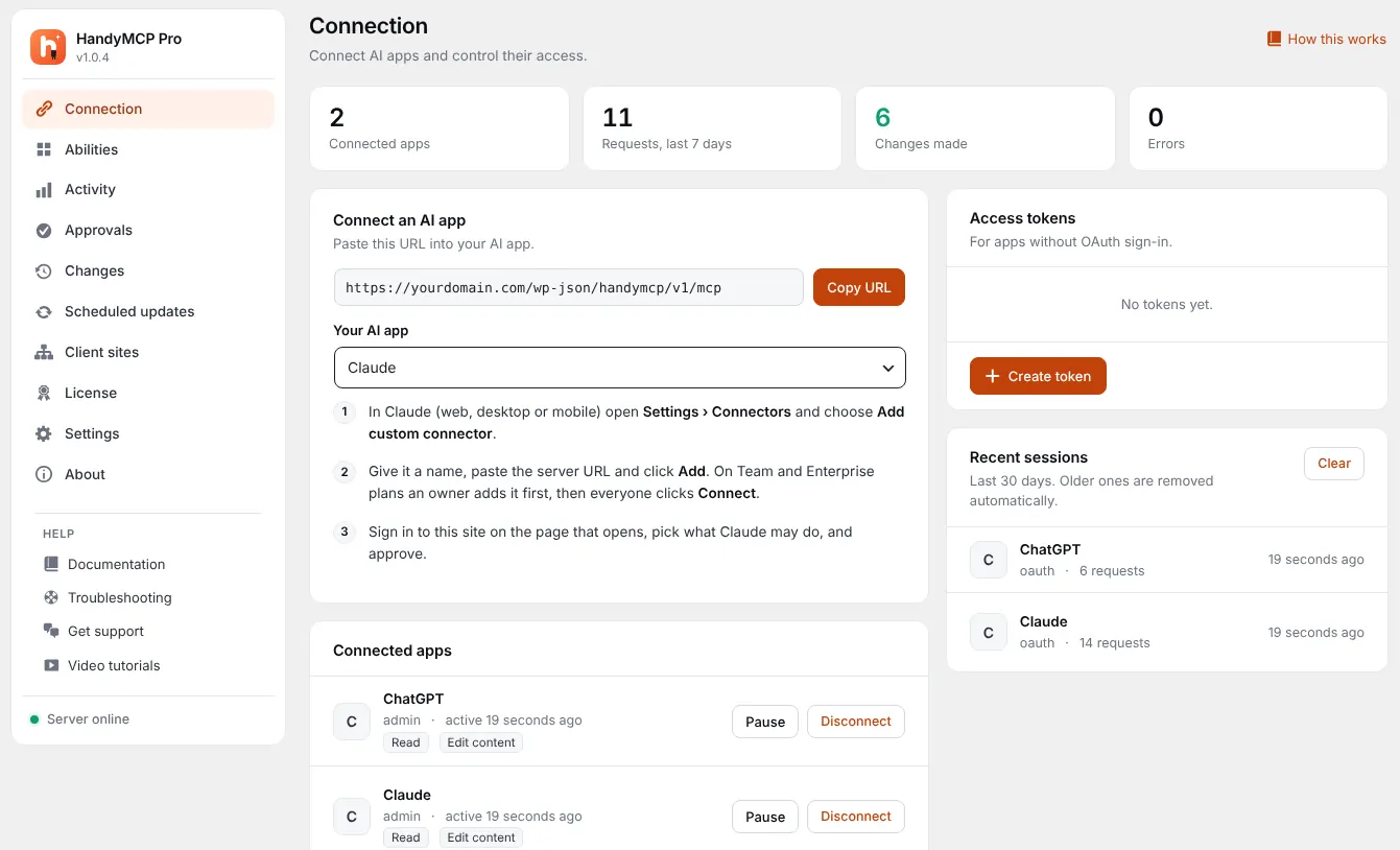 SiteGround MCP setup: HandyMCP connection screen with the server URL