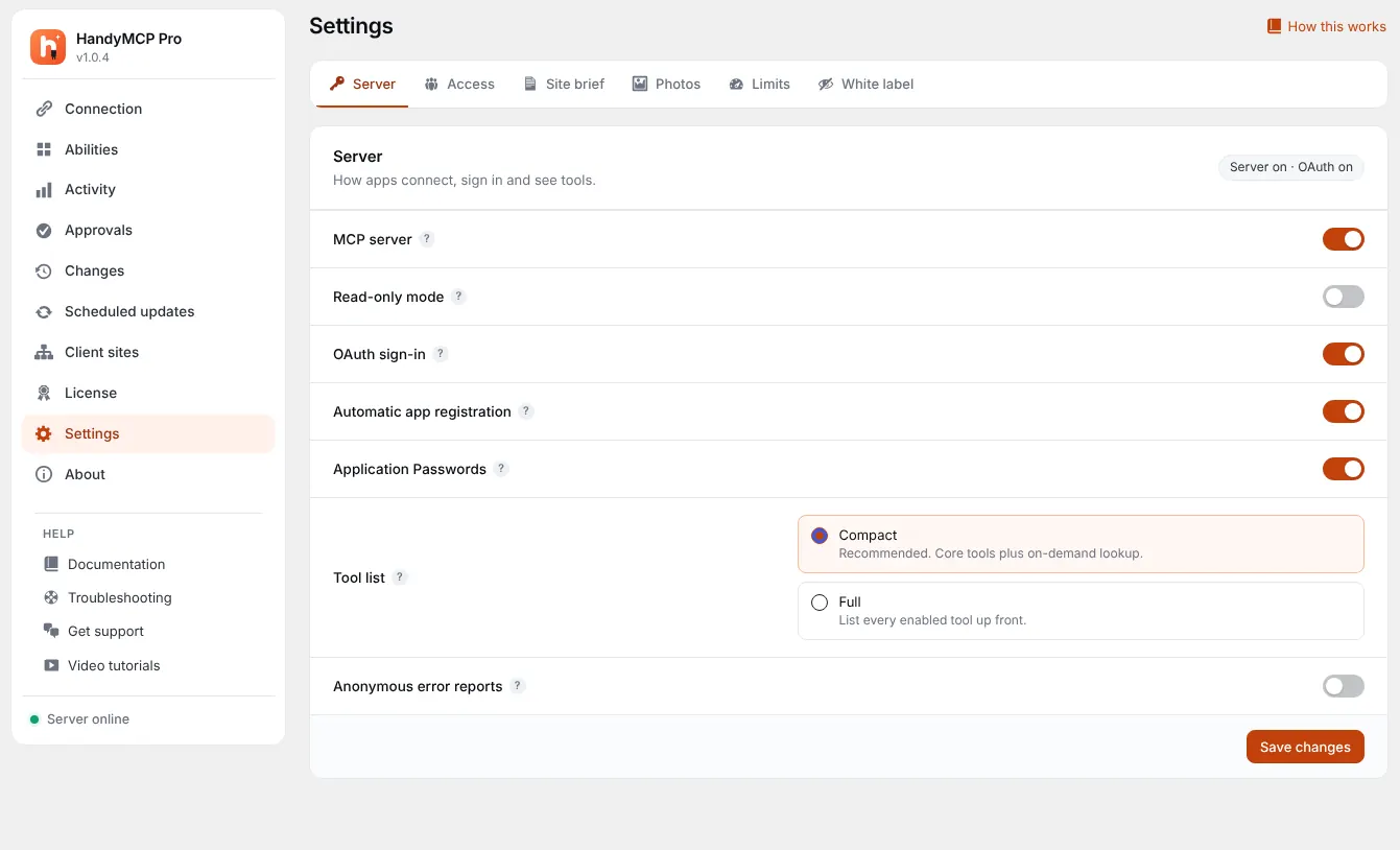 HandyMCP server settings with OAuth sign-in and app registration for Claude and ChatGPT