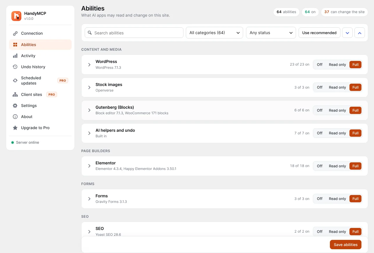 Abilities: switch groups or single tools on and off.