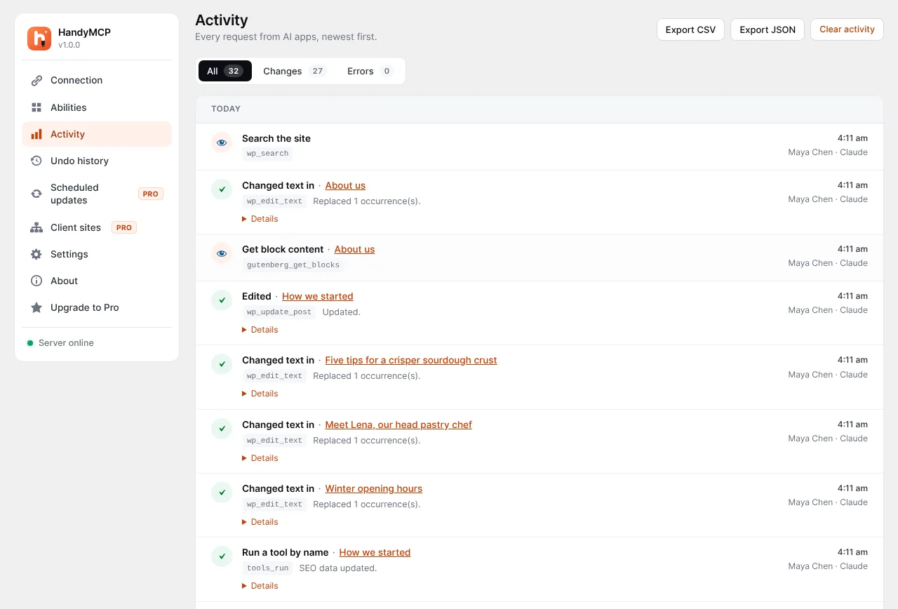 Activity: every request from AI apps, with the page it touched.