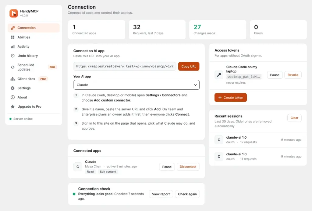 HandyMCP connection screen with the WordPress MCP server URL and setup steps for Claude and ChatGPT