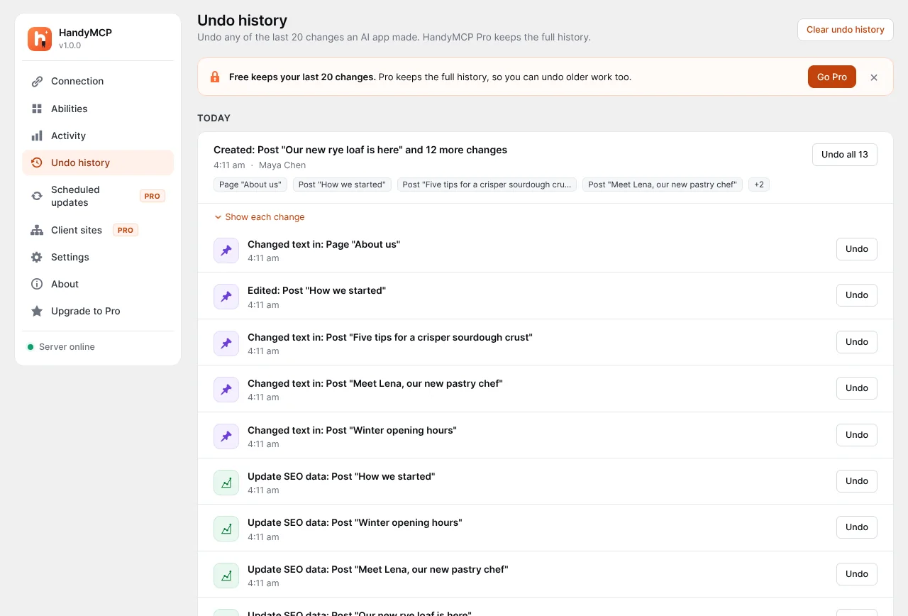 Undo history in HandyMCP, with changes grouped by task