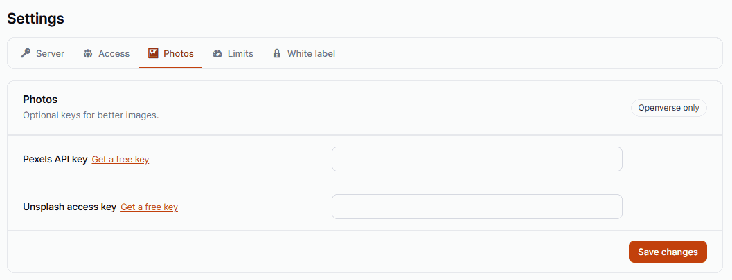HandyMCP Settings, Photos tab with Pexels and Unsplash key fields